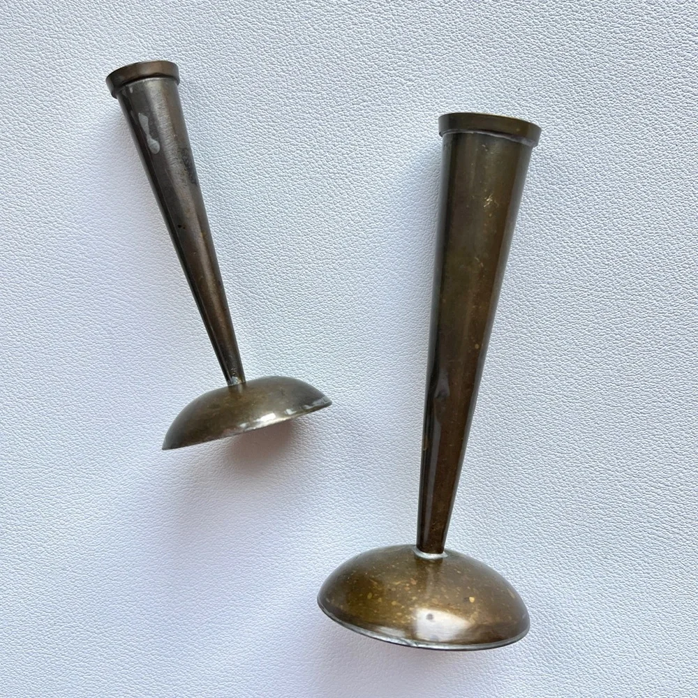 Pair of Mini Vases Mid Century Brass Candle Holders? MCM Decor Aged Patina